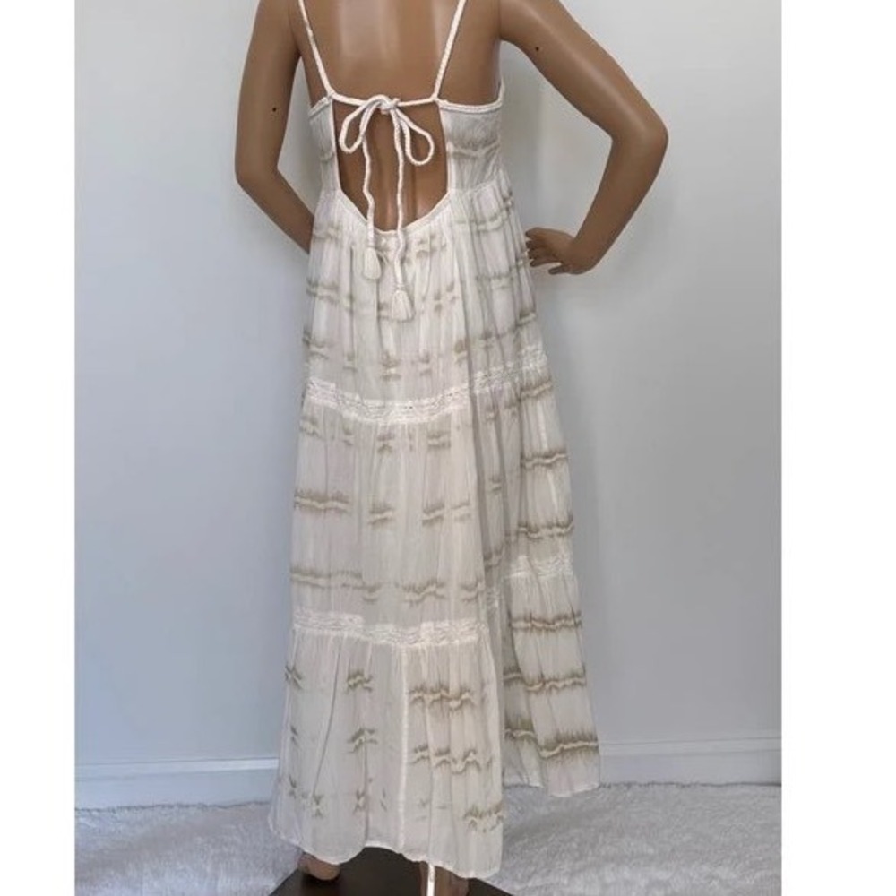 Aerie Tie Dye‎ Tiered Maxi Dress White Olive Green Lace Trim Cotton XS b3